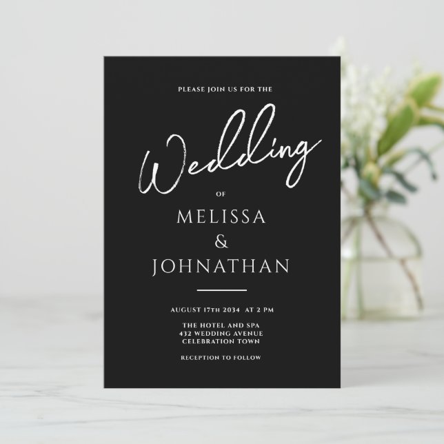 Minimalist Script Black Clean Elegant Wedding Invitation (Standing Front)