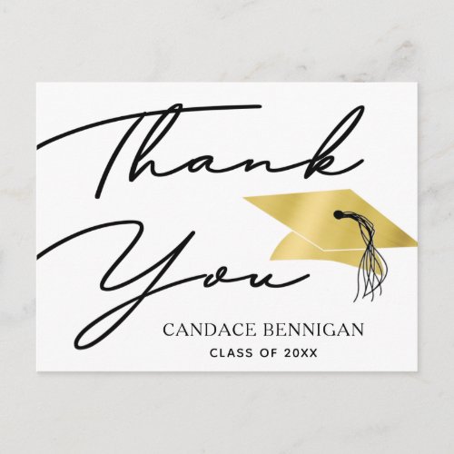 Minimalist Script Black Gold Graduation Thank You Postcard