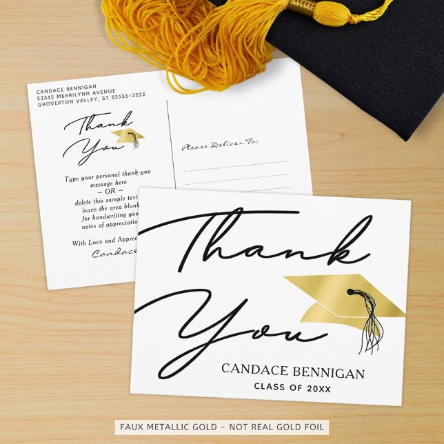 Minimalist Script Black Gold Graduation Thank You Postcard (Creator Uploaded)