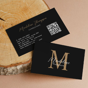 Minimalist Script Black Gold Monogram QR Code Business Card