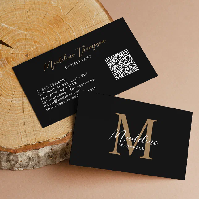 Minimalist Script Black Gold Monogram QR Code Business Card | Zazzle