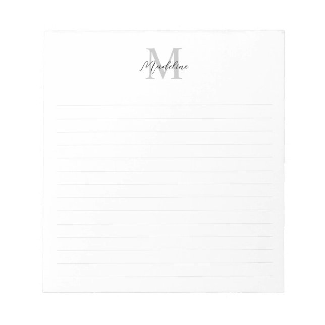 Minimalist Script Black Gray Monogram Lined Notepad (Front)