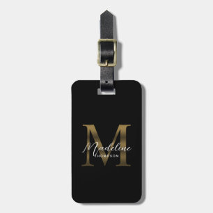 Minimalist Script Black Metallic Gold Monogram Luggage Tag