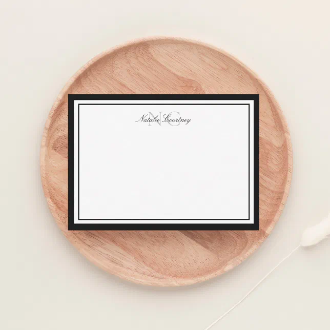 Minimalist Script Black Two Border Monogram Note Card | Zazzle