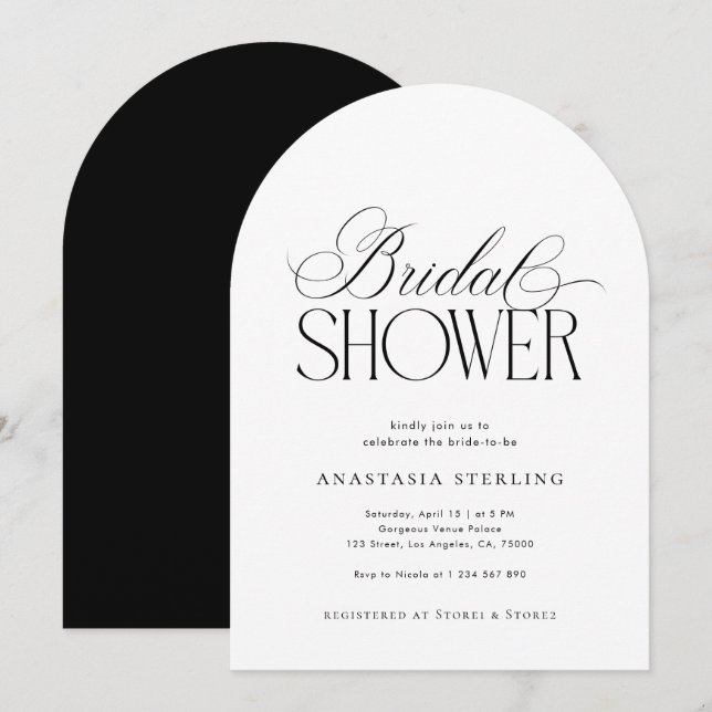 Minimalist Script Black White Arched Bridal Shower Invitation (Front/Back)