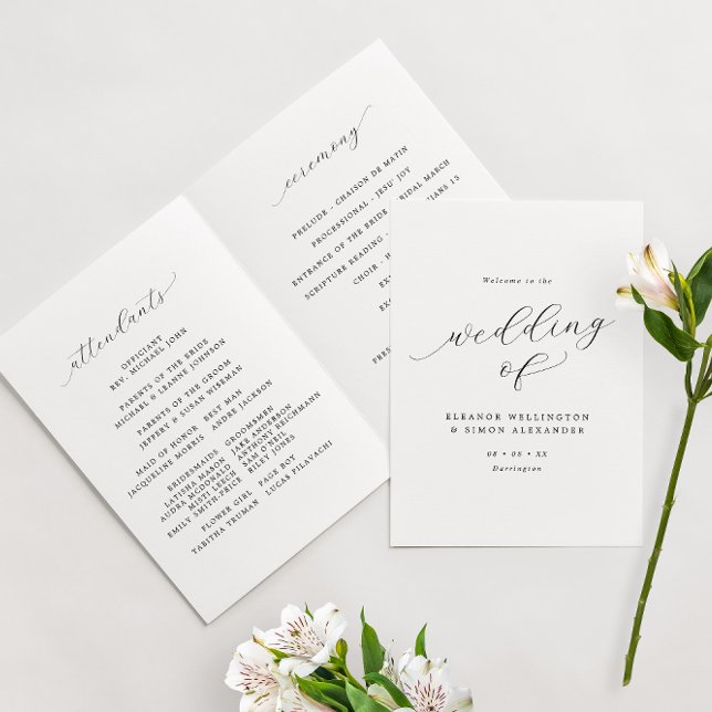 Minimalist Script Black & White Folded Wedding Program (Creator Uploaded)