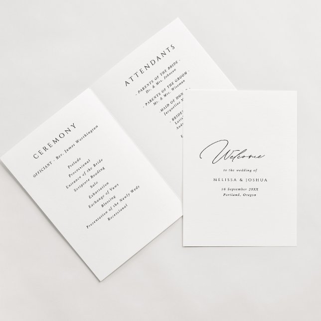 Minimalist Script Black & White Folded Wedding  Program (Creator Uploaded)