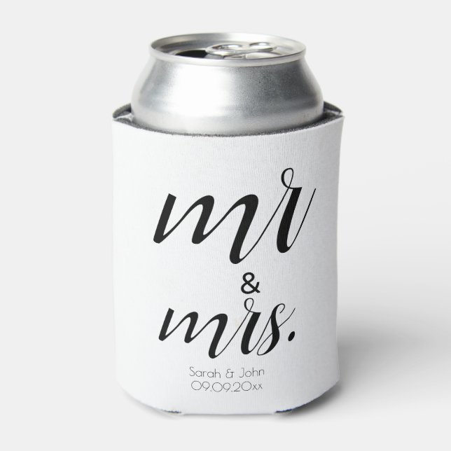 Minimalist Script Black & White Mr & Mrs Wedding  Can Cooler (Can Front)
