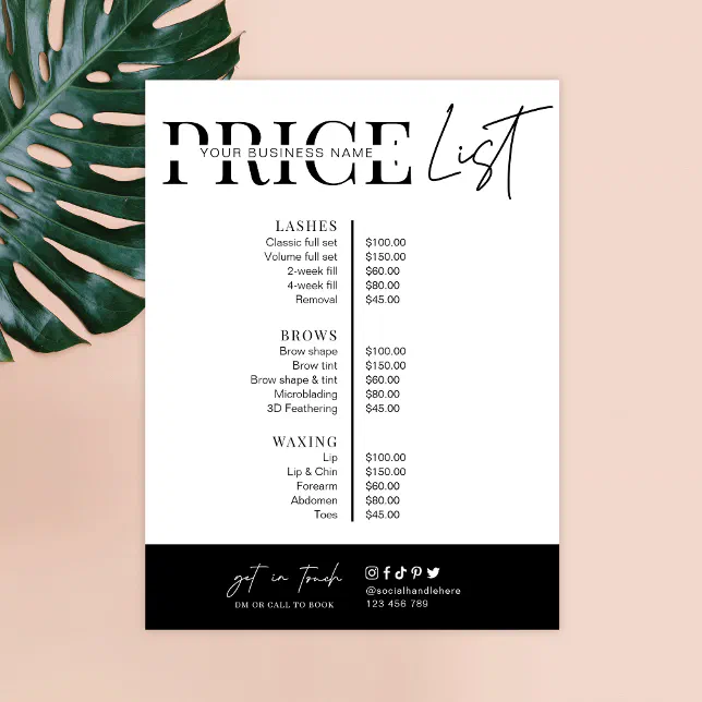 Minimalist Script Black White Salon Price List Zazzle