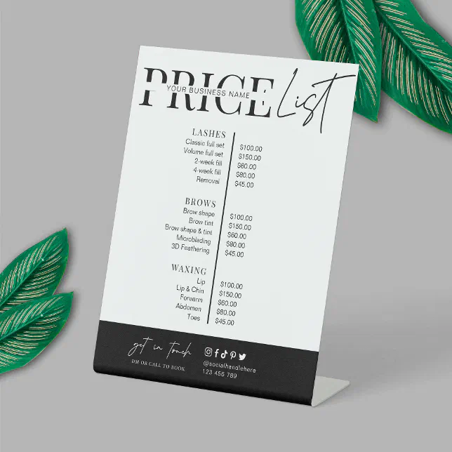 Minimalist Script Black White Salon Price List Pedestal Sign Zazzle