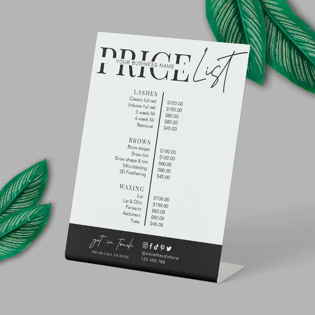 Minimalist Script Black White Salon Price List Pedestal Sign (Simple, yet elegant, business price list pedestal sign design in minimalist black and white style)