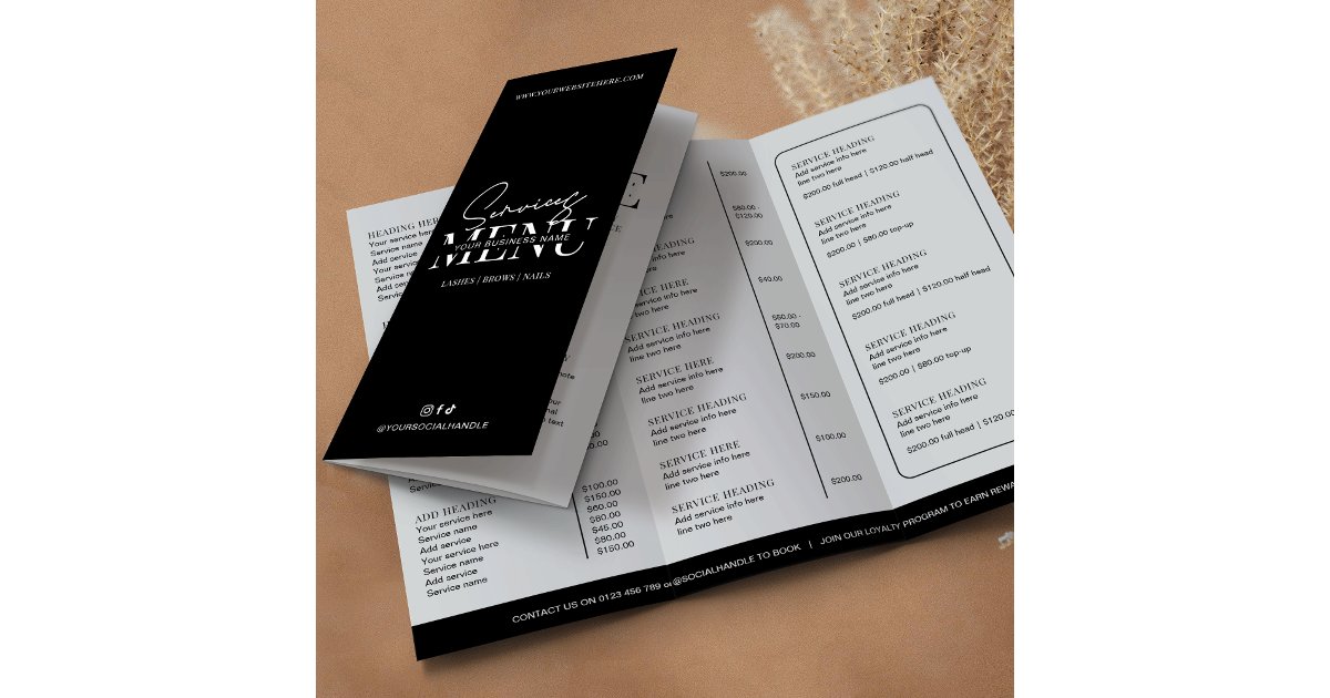 Minimalist Script Black White Tri-Fold Price List Brochure | Zazzle