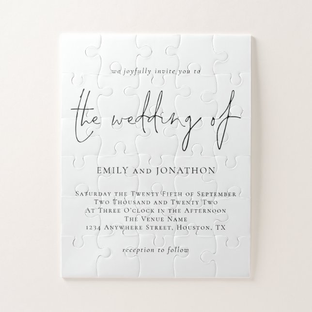 Minimalist Script  Black White Wedding Invitation Jigsaw Puzzle (Vertical)