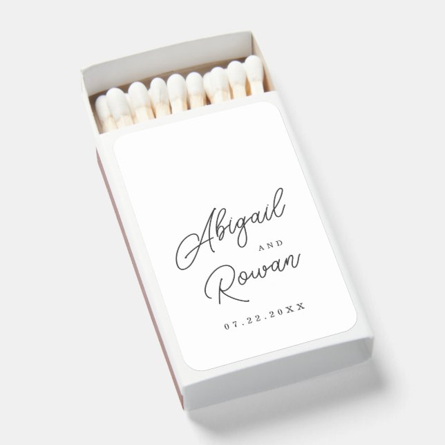 Minimalist Script Black White Wedding Matchboxes (Front Open)