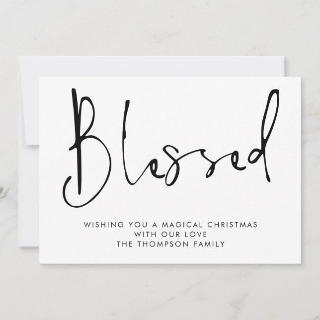 Minimalist Script Blessed Black White Christmas  Holiday Card (Front)