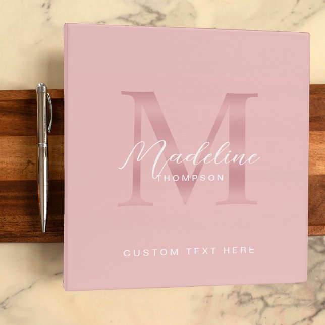 Minimalist Script Blush Pink Rose Gold Monogram 3 Ring Binder (Creator Uploaded)