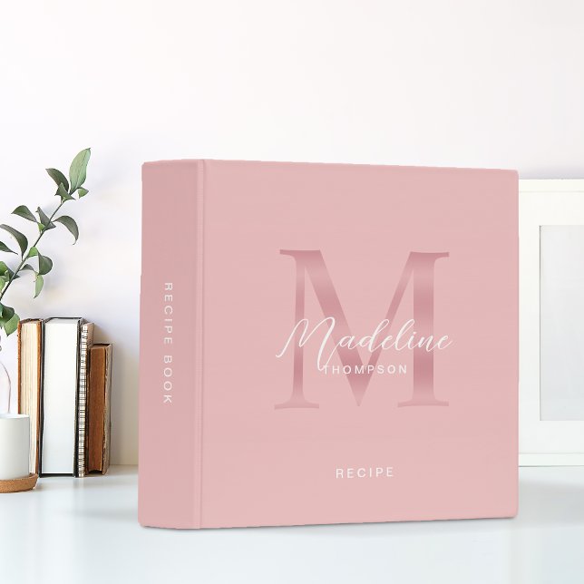 Minimalist Script Blush Rose Gold Monogram Recipe 3 Ring Binder (Creator Uploaded)