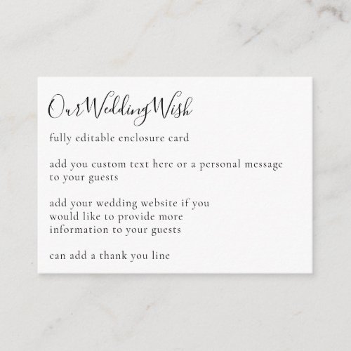 Minimalist Script Boho Black White Wedding Custom Enclosure Card