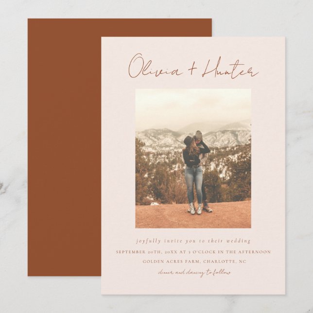 Minimalist Script Boho Terracotta Photo Wedding  Invitation (Front/Back)