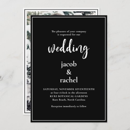 Minimalist Script Bold Black  White Photo Wedding Invitation