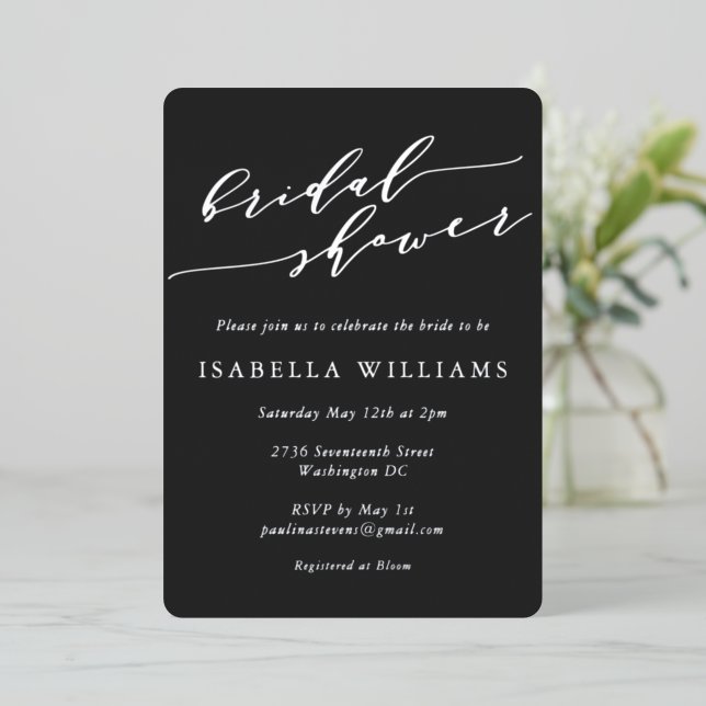 Minimalist Script Bridal Shower Black Silver Foil Invitation (Standing Front)
