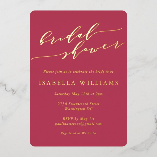 Minimalist Script Bridal Shower Magenta Gold Foil Invitation (Front)