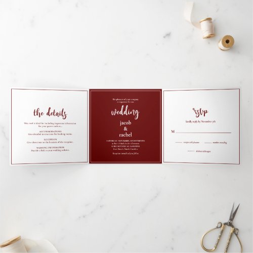 Minimalist Script Burgundy Dark Red Wedding Tri_Fold Invitation