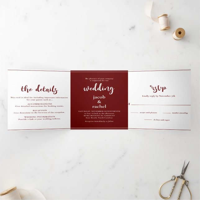 Minimalist Script Burgundy Dark Red Wedding Tri-Fold Invitation (Inside)