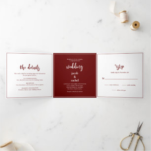 Minimalist Script Burgundy Dark Red Wedding Tri-Fold Invitation