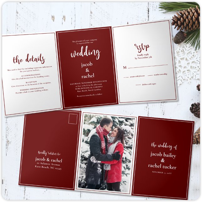 Minimalist Script Burgundy Dark Red Wedding Tri-Fold Invitation (Creator Uploaded)