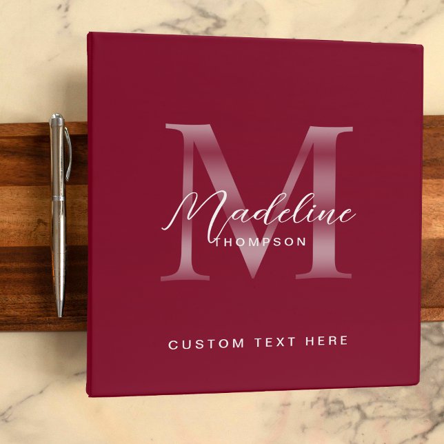 Minimalist Script Burgundy Red Silver Monogram 3 Ring Binder (Creator Uploaded)