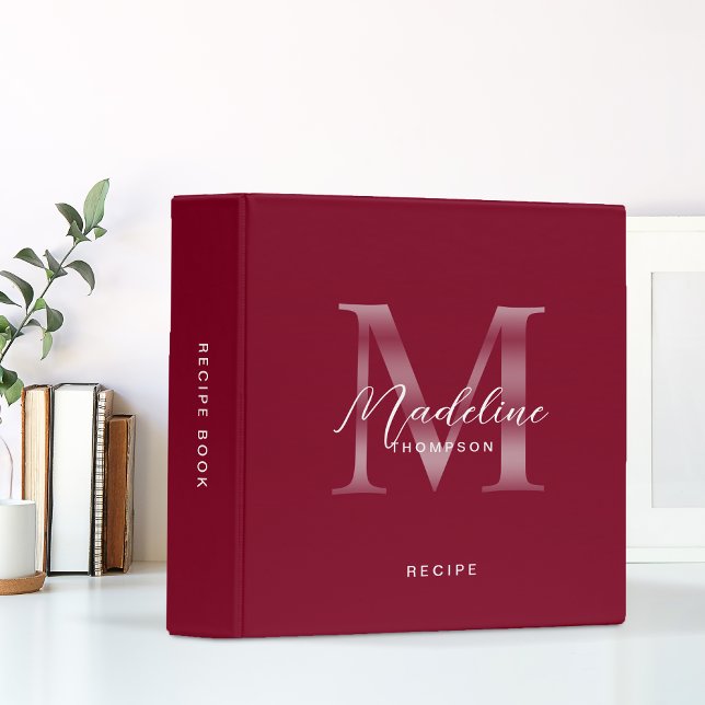 Minimalist Script Burgundy Silver Monogram Recipe 3 Ring Binder (Creator Uploaded)
