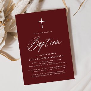 Minimalist Script Burgundy Simple Baptism Invitation