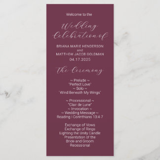 Minimalist Script Burgundy Wedding Program