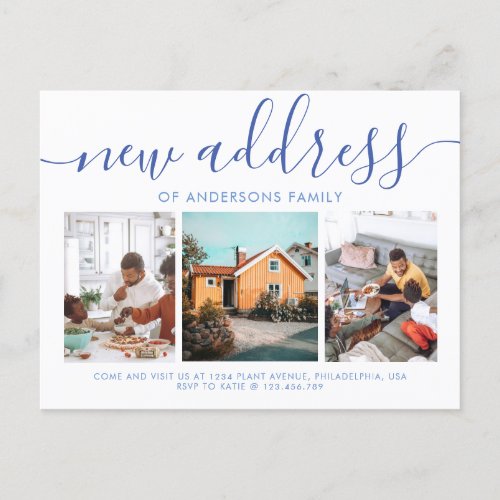 Minimalist Script Calligraphy 3 Photo New Address  Announcement Postcard