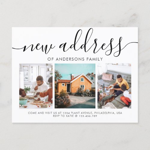 Minimalist Script Calligraphy 3 Photo New Address Announcement Postcard