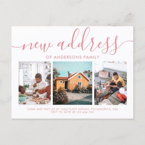 Minimalist Script Calligraphy 3 Photo New Address Announcement Postcard