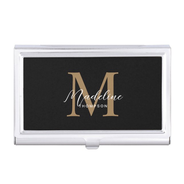 Minimalist Script Calligraphy Black Gold Monogram Business Card Case (Front)