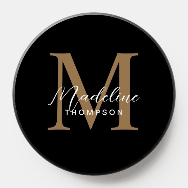 Minimalist Script Calligraphy Black Gold Monogram PopSocket (Popsocket)