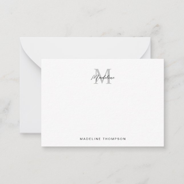 Minimalist Script Calligraphy Black Gray Monogram Note Card (Front)