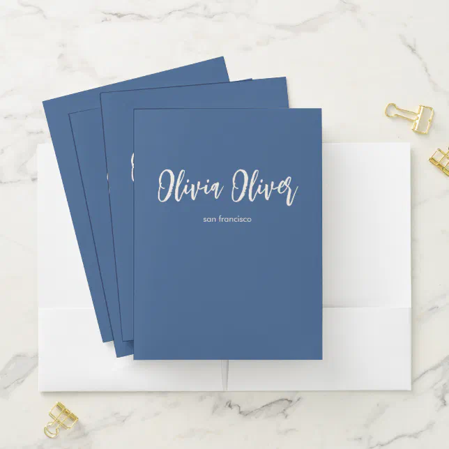Minimalist Script Calligraphy Blue Chic Modern Pocket Folder | Zazzle