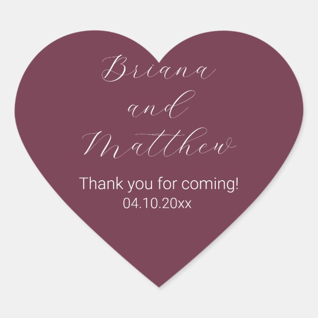 Minimalist Script Calligraphy Burgundy Favors Heart Sticker (Front)