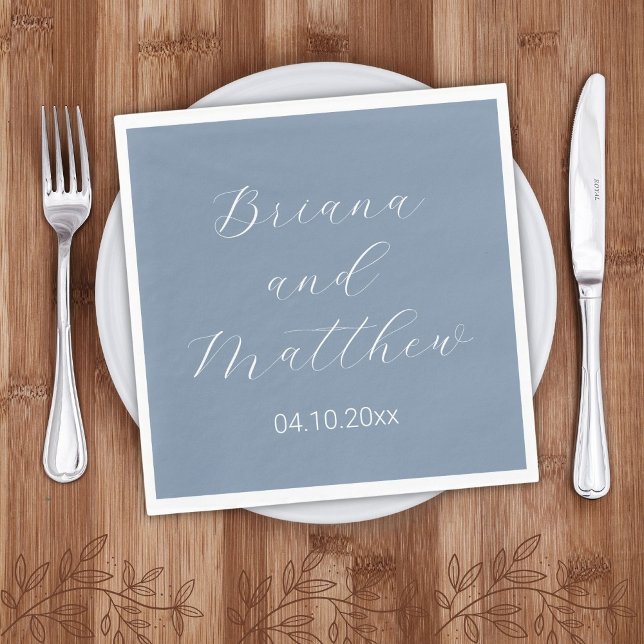 Minimalist Script Calligraphy Dusty Blue Wedding Napkins (Creator Uploaded)