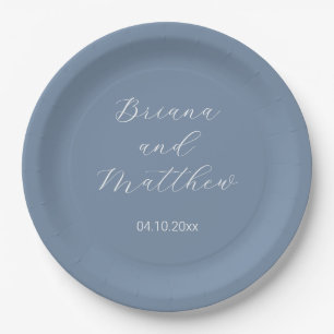 Minimalist Script Calligraphy Dusty Blue Wedding Paper Plates