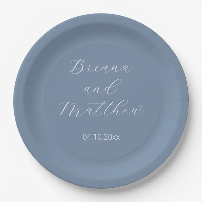 Minimalist Script Calligraphy Dusty Blue Wedding Paper Plates (Front)