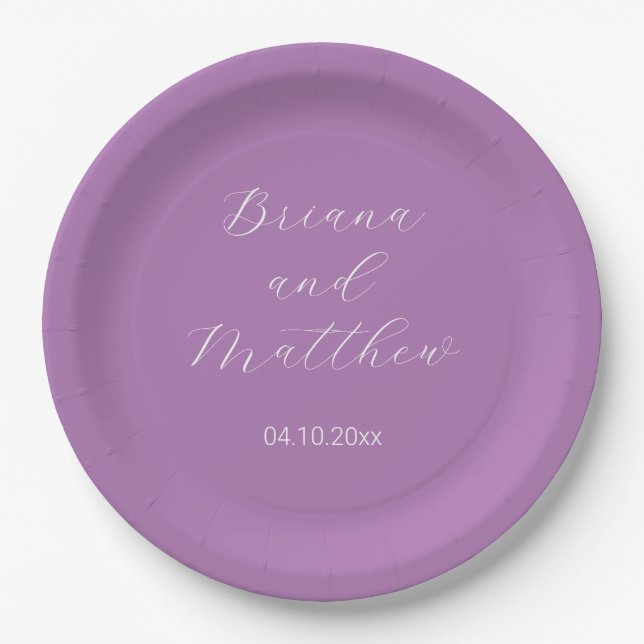 Minimalist Script Calligraphy Lavender Wedding Paper Plates (Front)