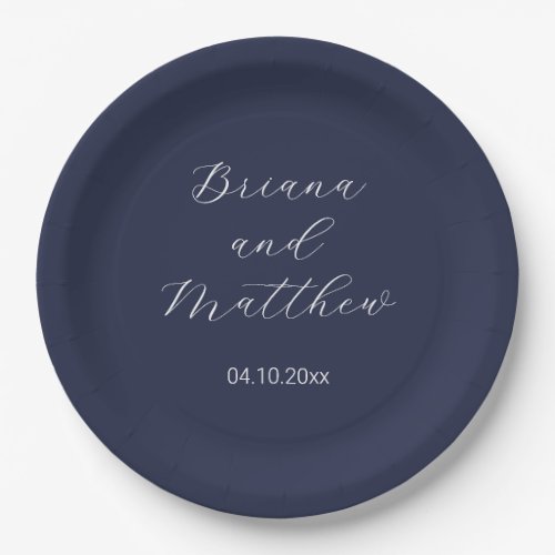 Minimalist Script Calligraphy Navy Blue Wedding Paper Plates