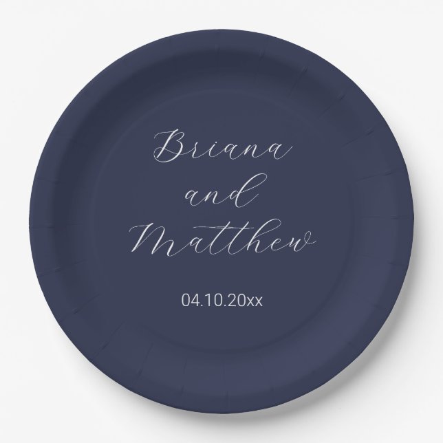 Minimalist Script Calligraphy Navy Blue Wedding Paper Plates (Front)