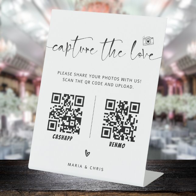 Minimalist Script Capture The Love QR code Wedding Pedestal Sign (Creator Uploaded)