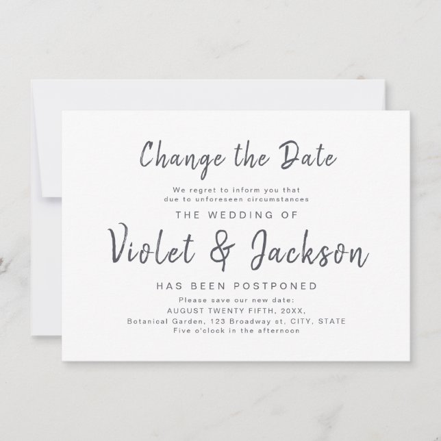 minimalist script change the date postponement invitation (Front)